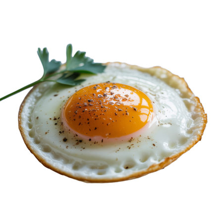 A perfectly fried egg, seasoned with parsley and pepper, is presented in a close-up overhead studio shot.  The vibrant yolk and crisp white are showcased against a clean white background. This high-resolution image is ideal for menus, recipe websites, food blogs, and various design projects thanks to its clean background and sharp detail.の写真素材