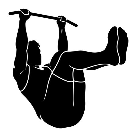 A black silhouette of a muscular man performing hanging leg raises against a white background. He is...