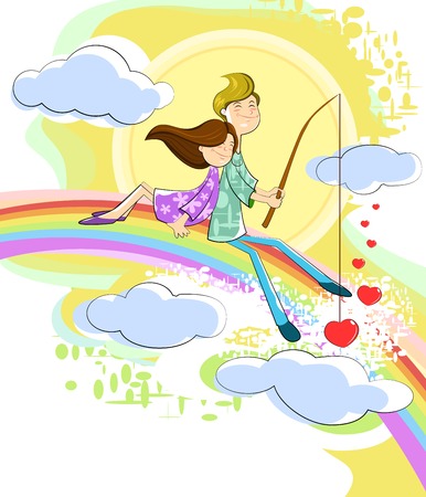 Love couple sitting on rainbow in cloudscapeのイラスト素材