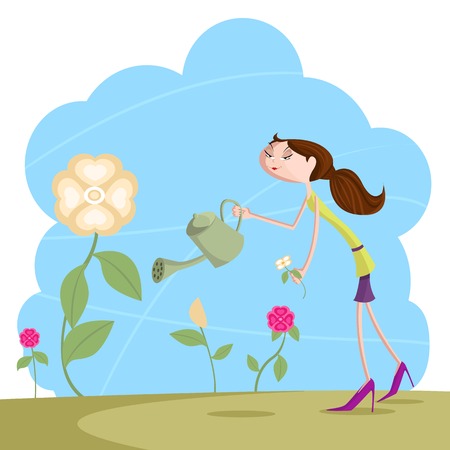 Girl watering flower plant in gardenのイラスト素材