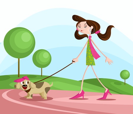 Girl walking with dog in parkのイラスト素材