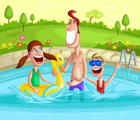 Happy family splashing in pool with father and kidsのイラスト素材