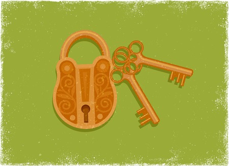Antique padlock and key in vintage vector styleのイラスト素材