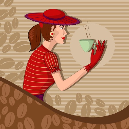 Retro lady with coffee mug in vector illustrationのイラスト素材
