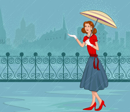 Retro lady with umbrella in rain in vector illustrationのイラスト素材