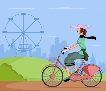 Retro lady riding bicycle in vector illustrationのイラスト素材