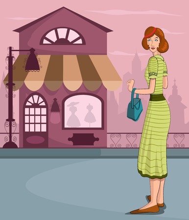 Retro lady shopping in vector illustrationのイラスト素材