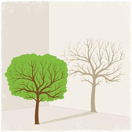 Green tree casting shadow of dry tree in vectorのイラスト素材