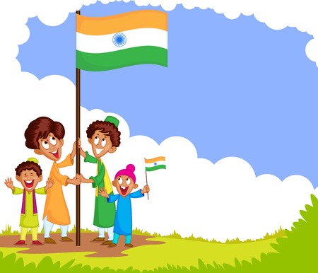 Indian kid hoisting flag of Indiaのイラスト素材