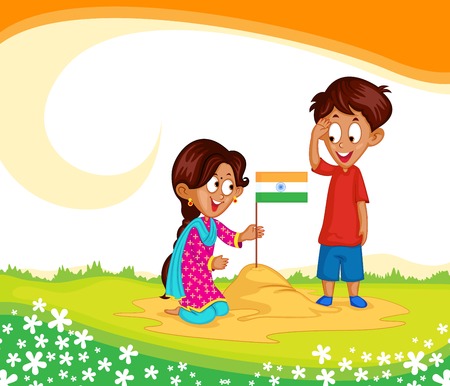 Indian brother and sister with flag of Indiaのイラスト素材