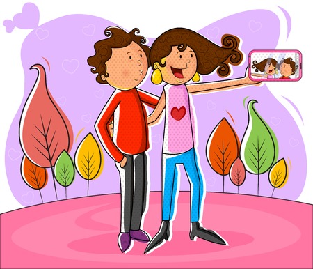 Love couple taking selfie with mobile phone in vectorのイラスト素材