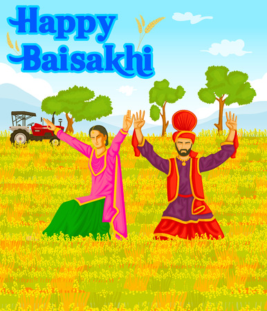 Sikh doing Bhangra, folk dance of Punjab, India for Happy Baisakhi in vectorのイラスト素材