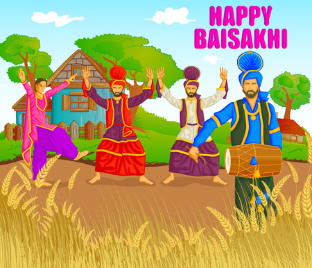 Sikh doing Bhangra, folk dance of Punjab, India for Happy Baisakhi in vectorのイラスト素材