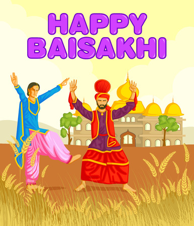 Sikh doing Bhangra, folk dance of Punjab, India for Happy Baisakhi in vectorのイラスト素材