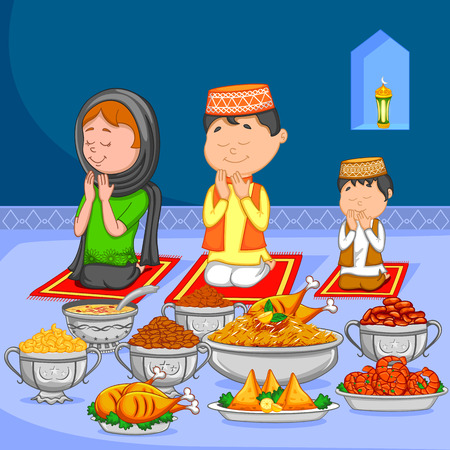 Happy muslim family enjoying iftar for Eid celebration in vectorのイラスト素材