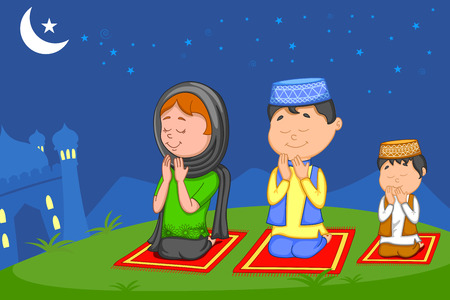 Muslim family offering namaaz on Eid in vectorのイラスト素材