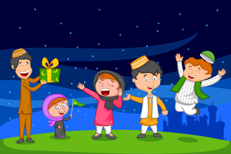 Happy muslim family celebrating Eid with gift in vectorのイラスト素材