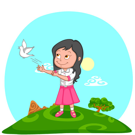 girl releasing pigeon for freedom in India backgroundのイラスト素材