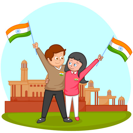 Indian brother and sister with flag of India in vector backgroundのイラスト素材