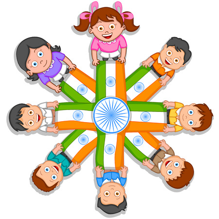 Indian kid hoisting flag of India in vector backgroundのイラスト素材