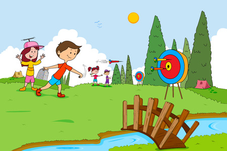 Children enjoying summer camp dart aiming activities in vectorのイラスト素材