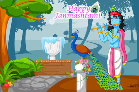 Krishna playing flute with peacock on Janmashtami background in vectorのイラスト素材