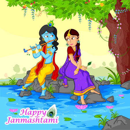 Krishna playing flute with Radha on Janmashtami background in vectorのイラスト素材