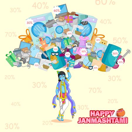Krishna lifting mountain of product for Janmashtami sale background in vectorのイラスト素材