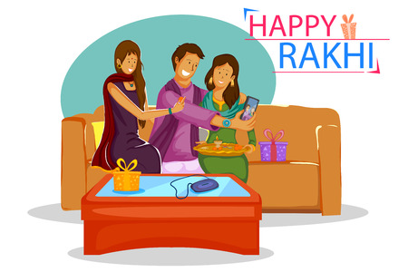 Brother and Sister tying Rakhi on Raksha Bandhan in vectorのイラスト素材