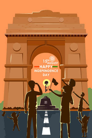 Indian people celebrating Happy Independence Day of India near India Gate in vectorのイラスト素材