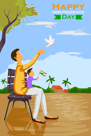 Indian people celebrating Happy Independence Day of India with flying dove in vectorのイラスト素材