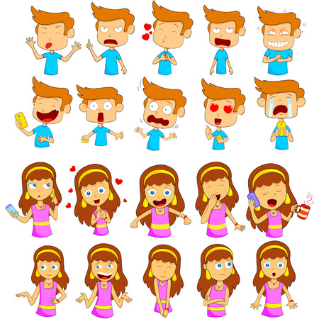 Boy and Girl Emoji for different expression and feeling in vectorのイラスト素材