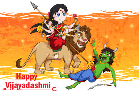 Goddess Durga killing demon Mahishasura for Happy Vijayadashami Dussehra in vectorのイラスト素材