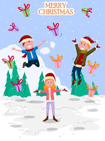 Kids palying with gift for Christmas celebration.のイラスト素材