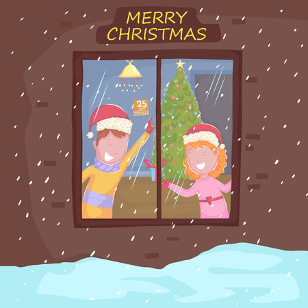 Kids palying with gift for Christmas celebration.のイラスト素材