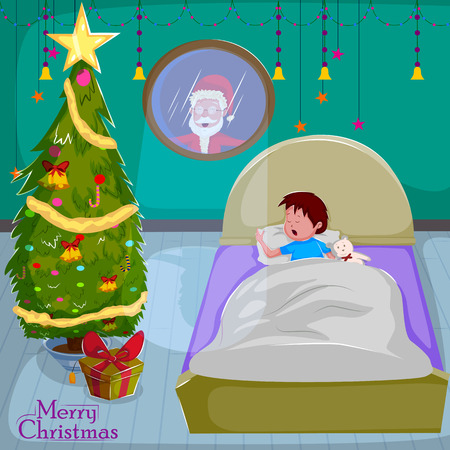 Santa peeping fro in Merry Christmas holiday greeting cardのイラスト素材