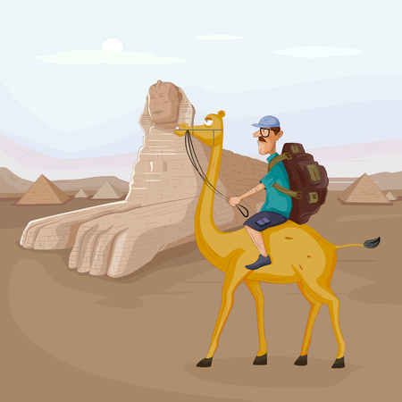 Tourist travelling near Sphinx Pyramid of Egypt riding on camel in vectorのイラスト素材
