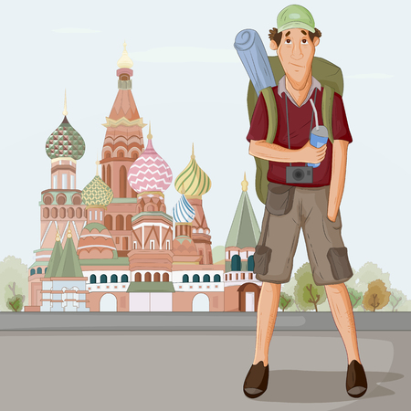 Tourist travelling near Saint Basils Cathedral of Moscow Russiaのイラスト素材