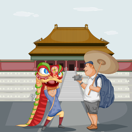 Tourist travelling China capturing Dragon danceのイラスト素材