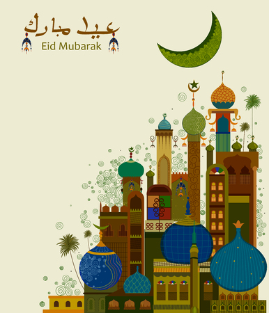 Decorated mosque in Eid Mubarak Happy Eid backgroundのイラスト素材