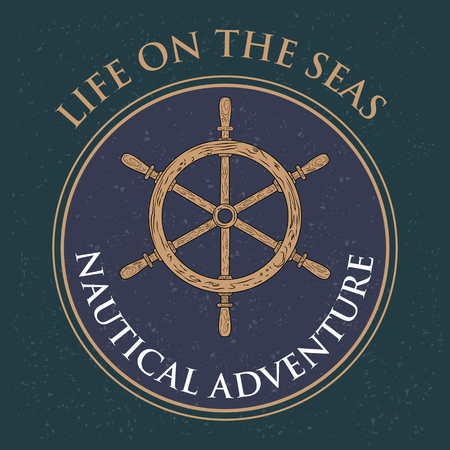 Vintage retro Nautical Voyager Helm steering wheel label design in vectorのイラスト素材