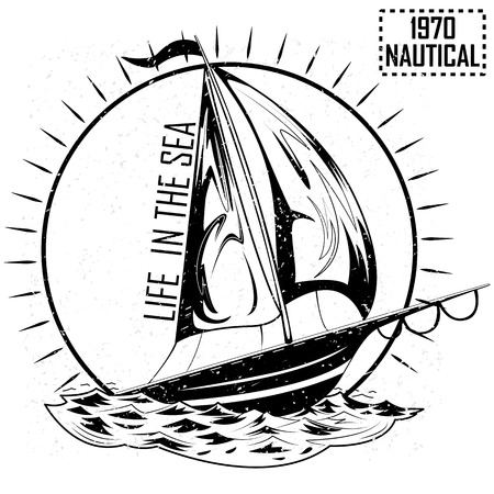 Vintage retro Nautical Voyager Sailboat label design in vector illustration.のイラスト素材