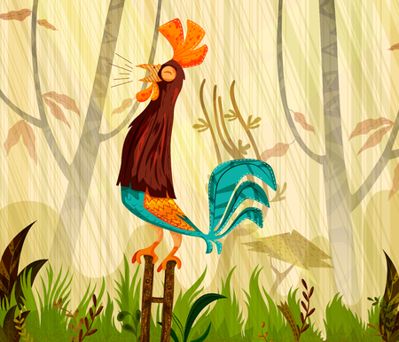 Pet bird Rooster on jungle forest background. Vector illustration.のイラスト素材