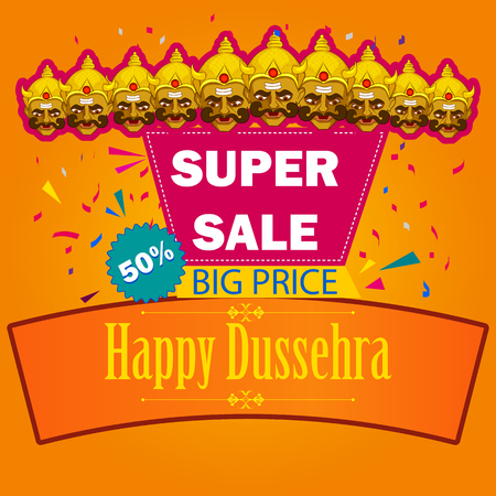 Ten headed Ravana wishing Happy Dussehra festival of India on Sale and Promotion backgroundのイラスト素材