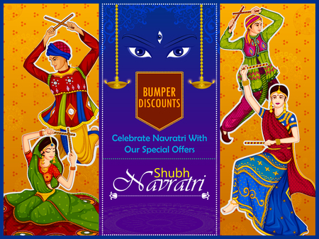Couple performing Dandiya sale and promotion advertisement backgroundのイラスト素材