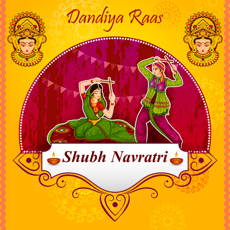 Couple performing Garba dance in Dandiya Raas for Dussehra or Navratriのイラスト素材