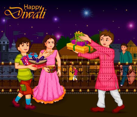 Indian family people celebrating Diwali festival of India in vectorのイラスト素材