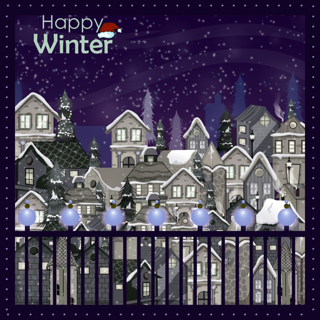 Snow covered house on Happy winter celebration greeting background for Merry Christmas.のイラスト素材