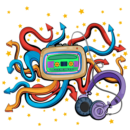 Abstract swirly musical background with Tape Recorder and Headphone music equipmentのイラスト素材