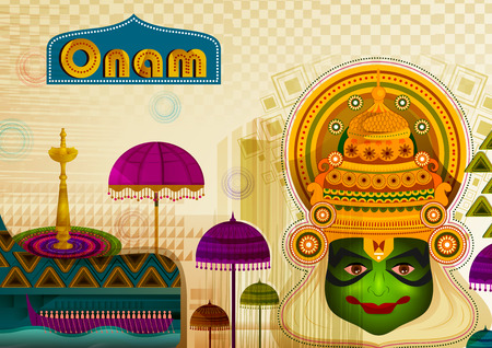 Happy Onam festival greetings to mark the annual Hindu festival of Kerala, Indiaのイラスト素材